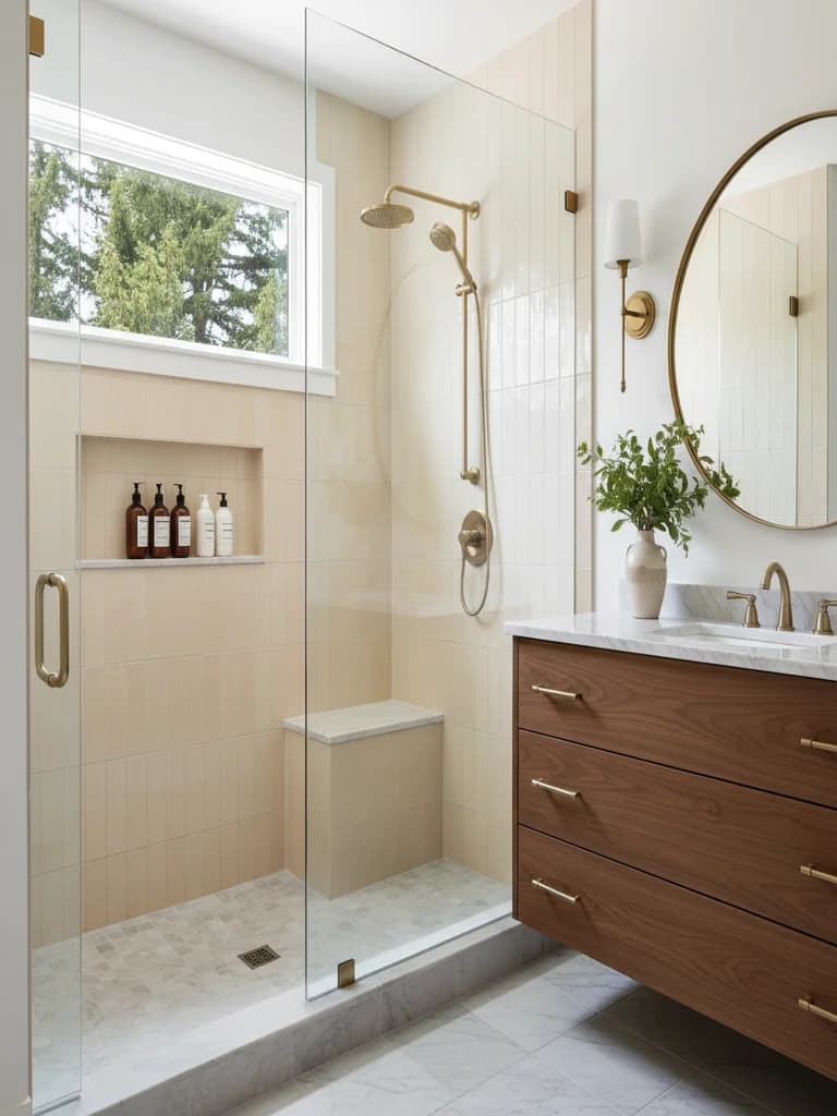 After — Carmichael 1986 Mediterranean master bathroom with frameless walk-in shower in expanded footprint, freestanding soaking tub, brushed-nickel fixtures, smooth painted walls, and large-format porcelain tile.