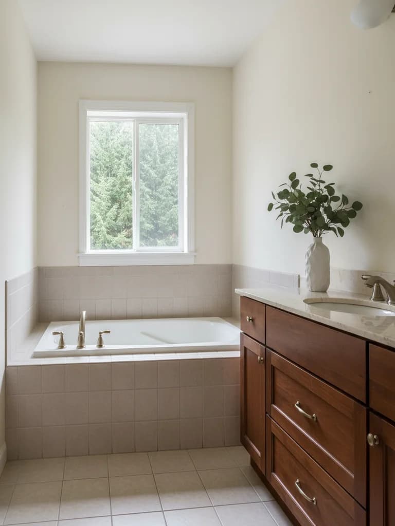 Before — Carmichael 1986 Mediterranean master bathroom with original built-in jetted tub on tile platform, separate framed-glass shower stall, dated cultured-marble vanity with arched mirror, and knockdown-textured walls.