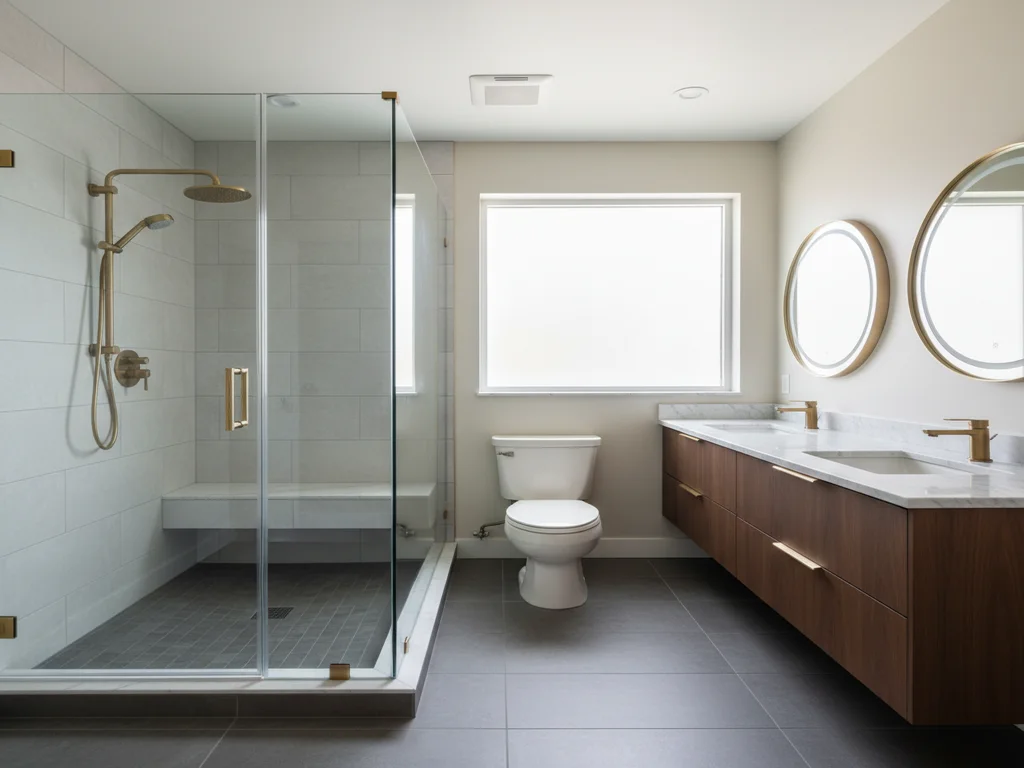 Sacramento aging-in-place bathroom remodel featuring curbless walk-in shower with integrated tile bench, brushed-gold grab bars, comfort-height toilet, and accessible vanity with knee space.