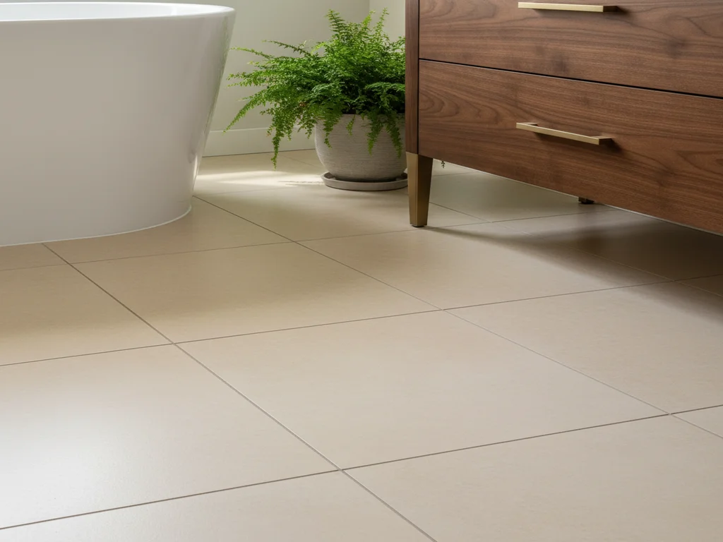 Sacramento bathroom flooring installation featuring large-format 24x48 porcelain tile floor with Schluter Ditra-Heat heated mat underneath, herringbone shower mosaic, and clean Schluter Schiene transition profiles.