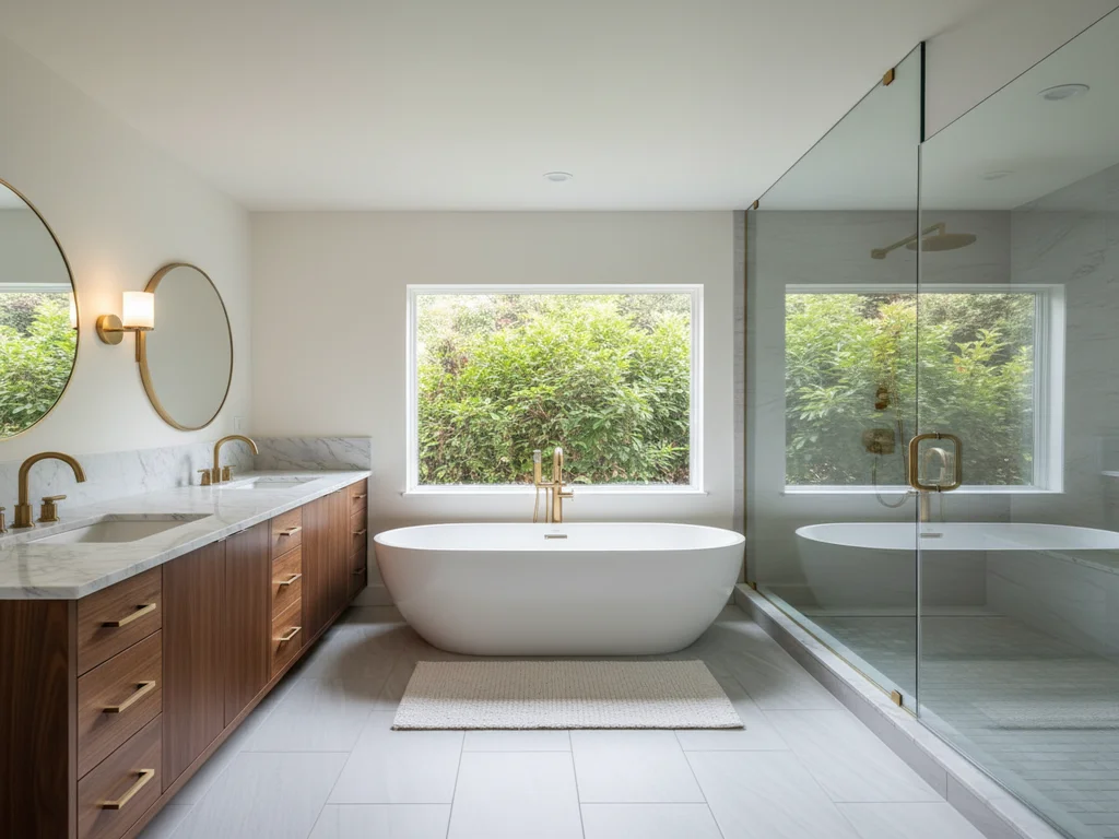 Sacramento County bathroom remodel featuring frameless walk-in shower, custom double vanity with quartz countertops, freestanding soaking tub, and brushed-gold fixtures.