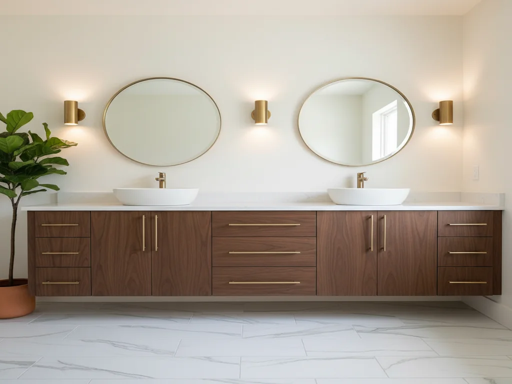 Sacramento bathroom vanity installation featuring custom dark-walnut double vanity with slab quartzite top, undermount sinks, brushed-gold faucets, and backlit round mirrors.