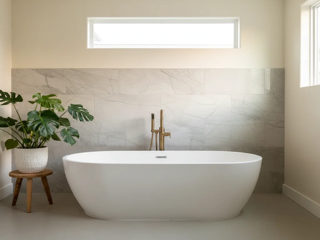 Sacramento bathtub replacement featuring new alcove soaking tub with brushed-gold valve trim, large-format porcelain surround, and full Schluter waterproofing membrane behind tile.
