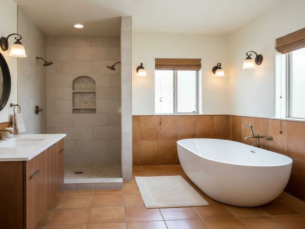 Carmichael 1980s Mediterranean master bathroom remodel with frameless glass walk-in shower replacing the original jetted tub, freestanding soaking tub, brushed-nickel fixtures spec\'d for Carmichael Water District 12 GPG, and large-format porcelain.