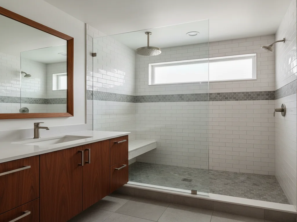 Carmichael mid-century walk-in shower remodel with frameless glass, brushed-nickel rainfall fixtures, large-format porcelain walls, and herringbone tile niche.