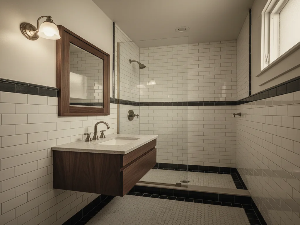 Curtis Park 1915 craftsman bungalow hall bathroom remodel with restored hex floor, period-appropriate brass fixtures, frameless glass walk-in shower fitted into the original 5x7 footprint, and tall window framed by mature elms typical of the 24th Street area.