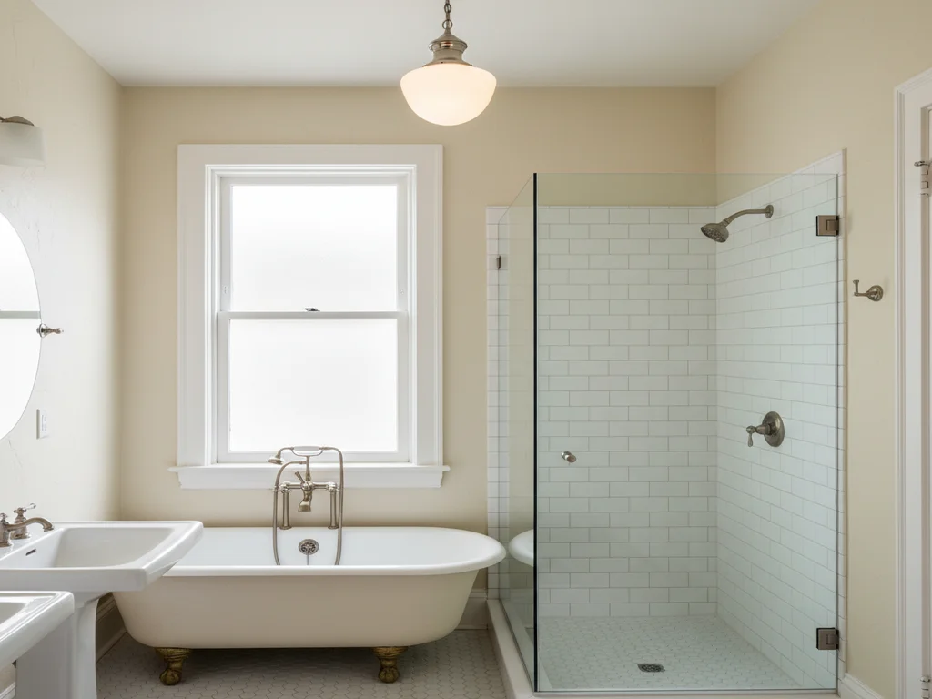 East Sacramento Fab 40s master bathroom remodel with frameless walk-in shower, freestanding tub, brushed-nickel fixtures, and natural light through a tall pre-WWII window framed by mature elms typical of the McKinley Park area.