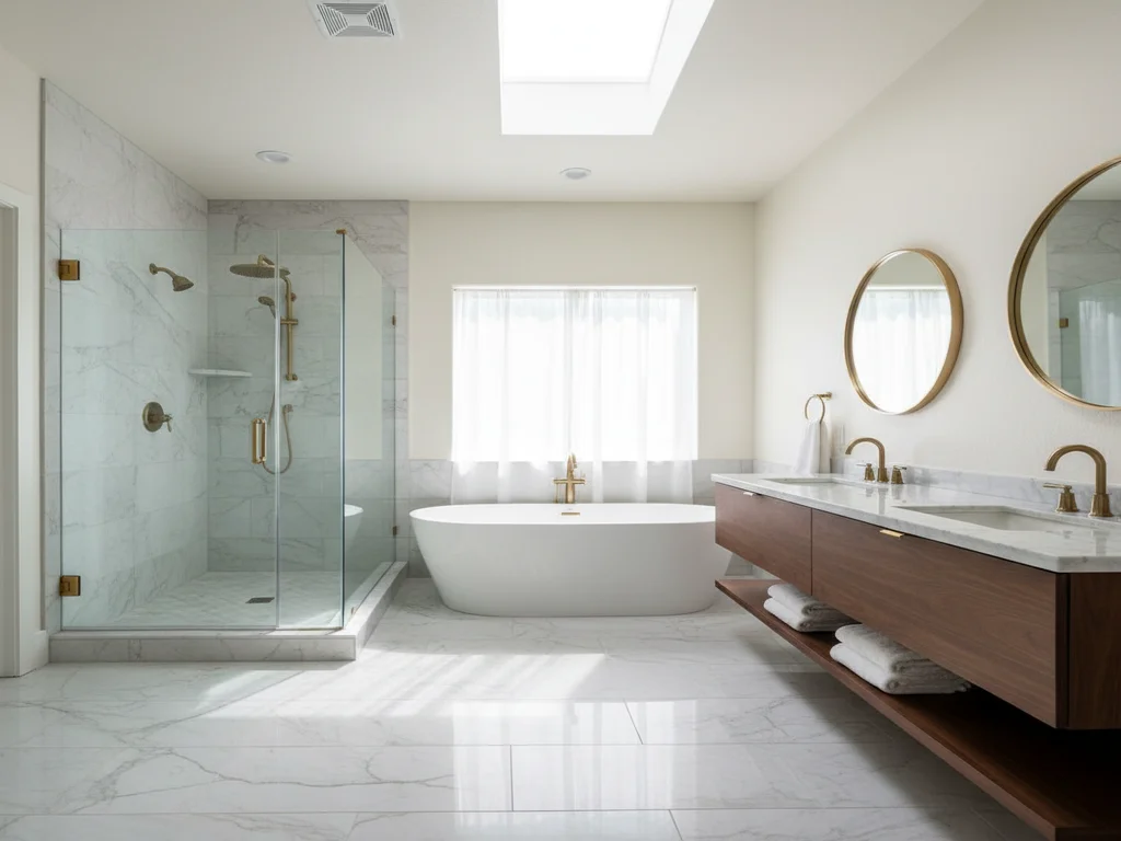 Elk Grove Anatolia 2008 master-planned home master bathroom remodel with frameless glass walk-in shower, freestanding soaking tub, brushed-nickel fixtures, large-format porcelain, and natural light through tall windows in a typical 2000s premium-pocket floor plan.