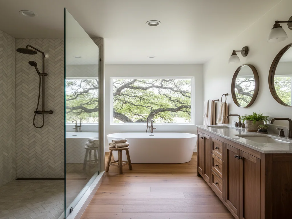 Fair Oaks 1970s equestrian-area master bathroom remodel with frameless walk-in shower, freestanding soaking tub, brushed-gold fixtures designed for hard well water, and natural light through tall windows facing a large oak-shaded lot.