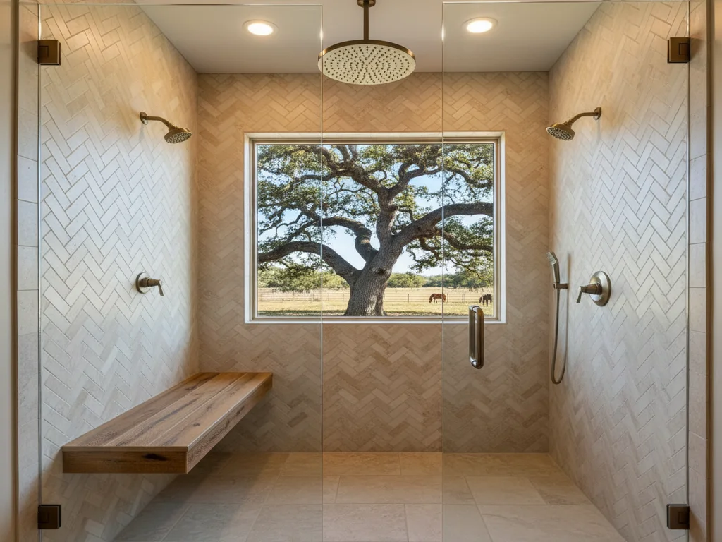 Fair Oaks walk-in shower remodel with frameless glass, brushed-nickel rainfall fixtures, large-format porcelain walls, and built-in tile niche in a mid-century ranch master.