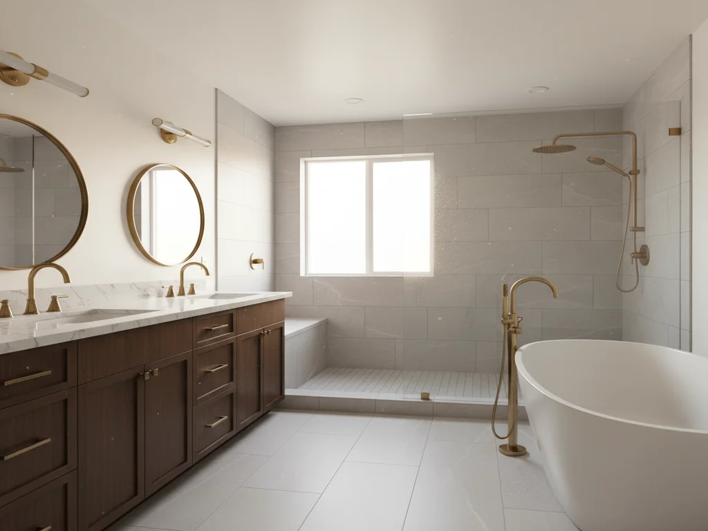 Folsom luxury master bathroom remodel with frameless glass shower, freestanding soaking tub, double dark-walnut vanity, and natural light through tree-lined window.
