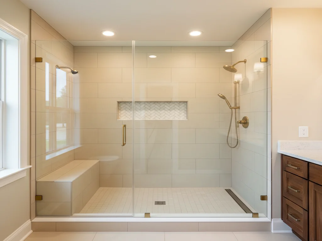 Folsom Empire Ranch tub-to-shower conversion with frameless glass replacing original drop-in garden tub, brushed-gold rainfall fixtures, and large-format porcelain walls.