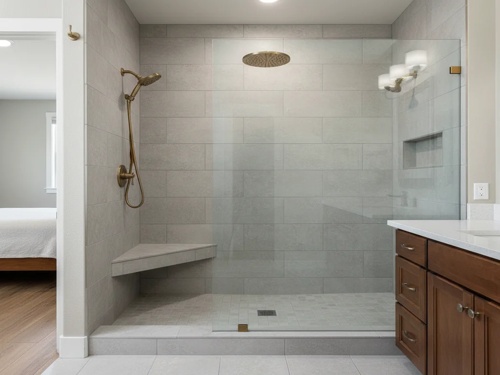 Folsom walk-in shower remodel with frameless 3/8 inch glass enclosure, brushed-gold rainfall fixtures, large-format porcelain walls, and herringbone tile niche.