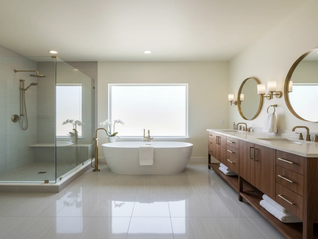 Gold River 1992 estate master bathroom remodel inside the gated community with frameless walk-in shower replacing the original jetted tub on tile platform, freestanding soaking tub, brushed-nickel fixtures, and large-format porcelain in a River Plaza floor plan.