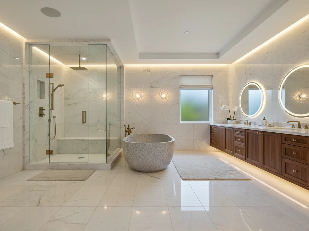 Gold River luxury master bathroom remodel with porcelain-slab walls, freestanding soaking tub, frameless glass shower, brushed-gold fixtures, and custom walnut double vanity.
