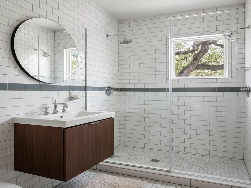 Land Park 1930s bungalow master bathroom remodel with restored hex tile floor, period-appropriate brass fixtures, frameless glass shower, and natural light through a tall window framed by the mature sycamore canopy typical of Sutterville Heights.