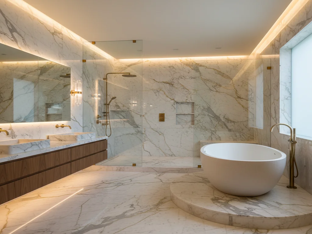 Sacramento luxury estate bathroom remodel featuring quartzite slab walls, freestanding stone soaking tub, custom walnut double vanity, frameless glass walk-in shower with steam, and integrated smart-controls.