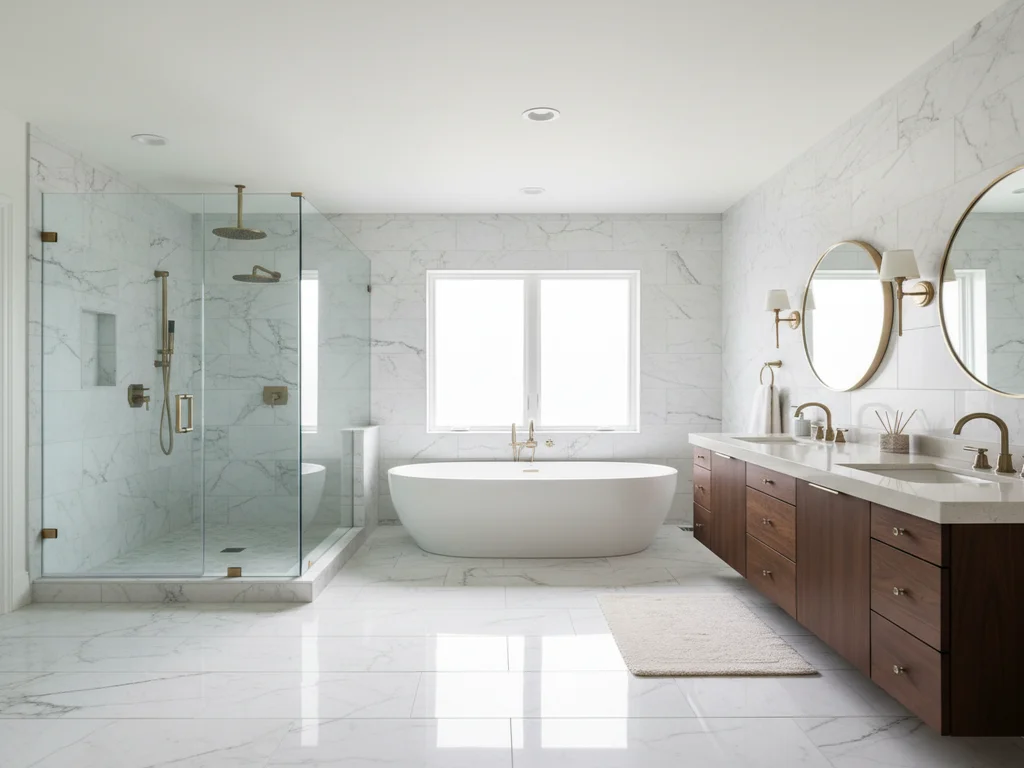 Sacramento County master bathroom remodel with freestanding white soaking tub, frameless glass walk-in shower, custom dark-walnut double vanity, and brushed-gold fixtures.