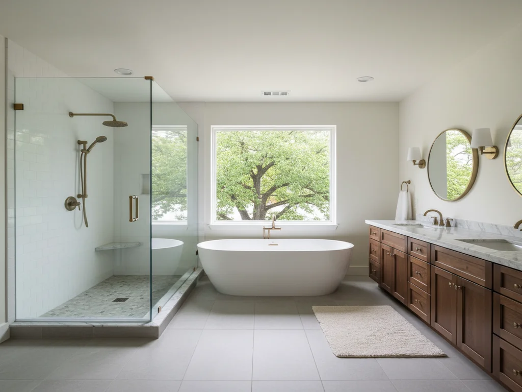 Pocket-Greenhaven 1980s riverfront master bathroom remodel with frameless walk-in shower replacing the original jetted tub, freestanding soaking tub, brushed-nickel fixtures, and large-format porcelain on a footprint typical of Riverlake and Lake Greenhaven custom homes.
