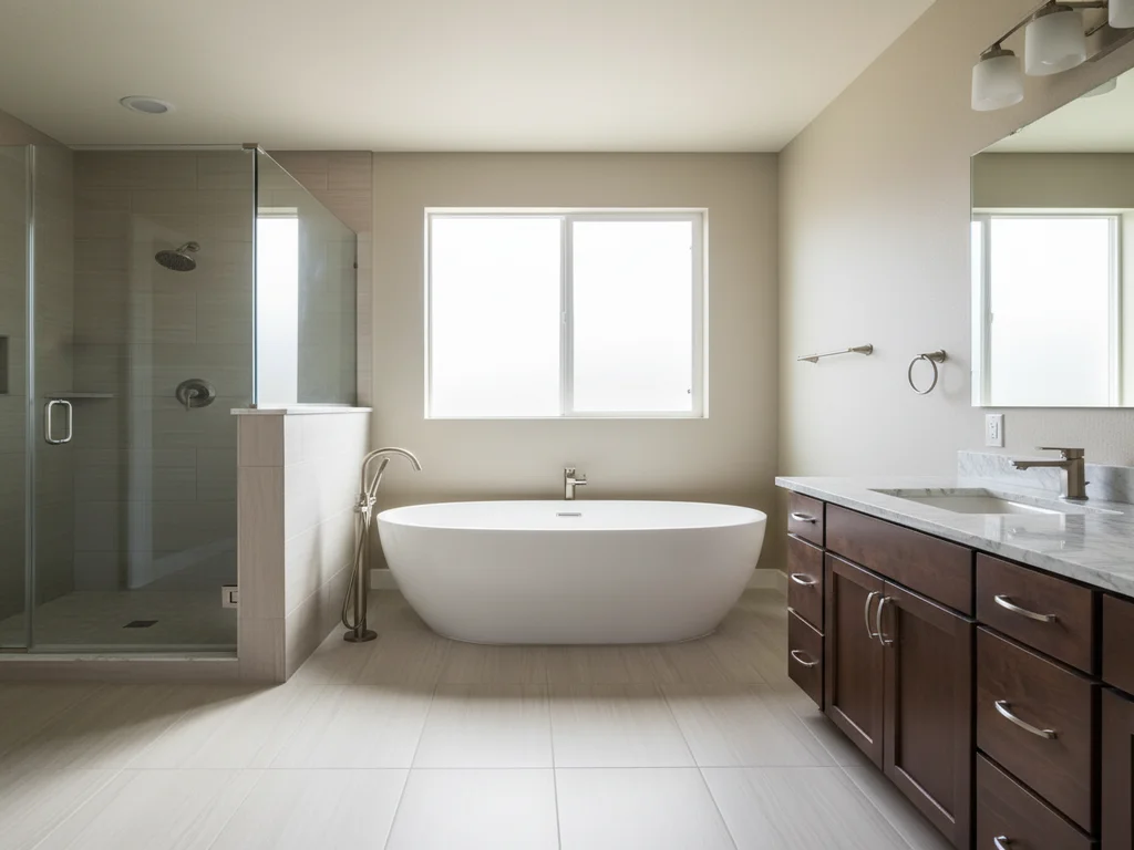Rancho Cordova Sunridge 2007 master-planned home master bathroom remodel with frameless glass walk-in shower, freestanding soaking tub, brushed-nickel fixtures, large-format porcelain flooring, and natural light through tall windows in a typical 2000s premium-pocket floor plan.