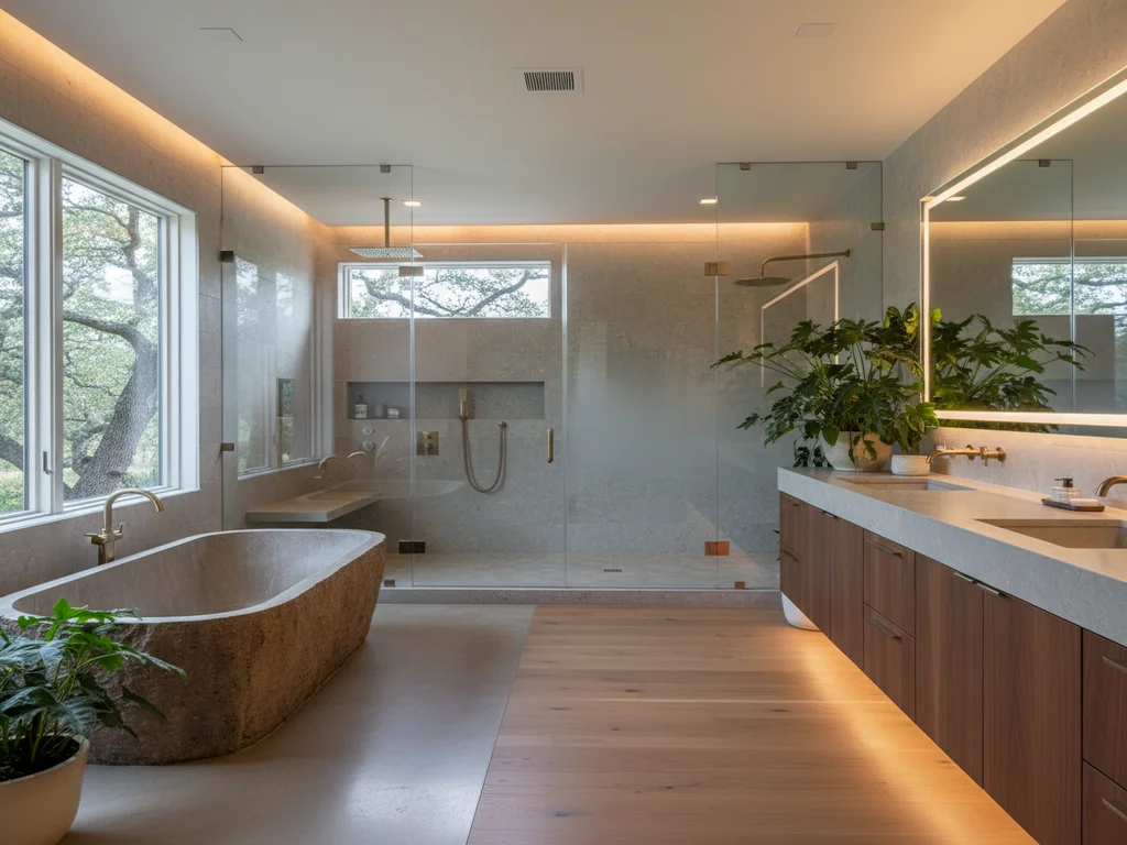 Rancho Murieta North village estate master bathroom remodel inside the gates with frameless 3/8 inch glass walk-in shower, book-matched slab marble surround, freestanding soaking tub, premium plumbing fixtures, and natural light through tall windows facing a country-club fairway.