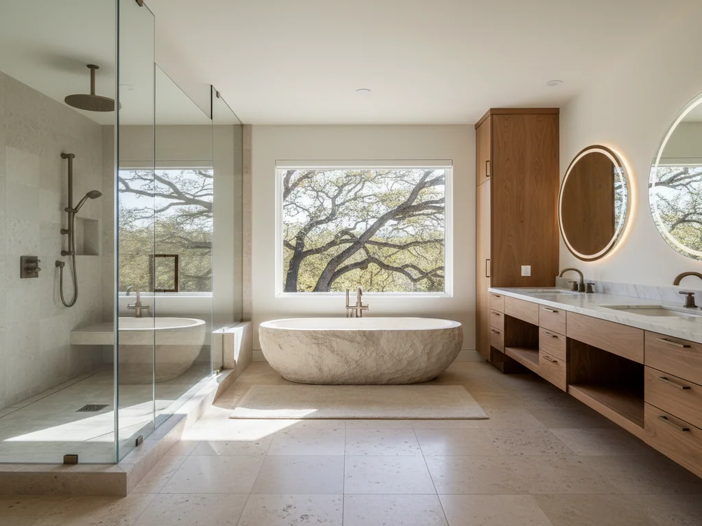 Rancho Murieta luxury master bathroom remodel with porcelain-slab walk-in shower, steam-ready enclosure, freestanding soaking tub, and custom walnut cabinetry.