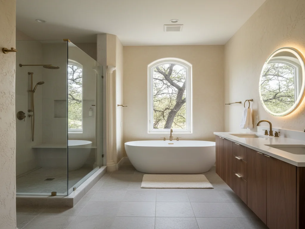 City of Sacramento master bathroom remodel with frameless glass walk-in shower, freestanding tub, brushed-nickel fixtures, and natural light through a window above mature shade trees in a Fab 40s East Sacramento neighborhood.