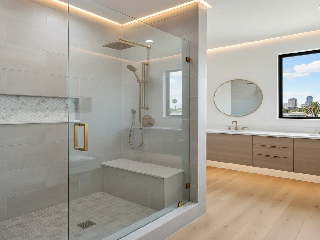 Sacramento tub-to-shower conversion with frameless glass enclosure replacing original drop-in tub, brushed-gold rainfall fixtures, and herringbone tile niche.
