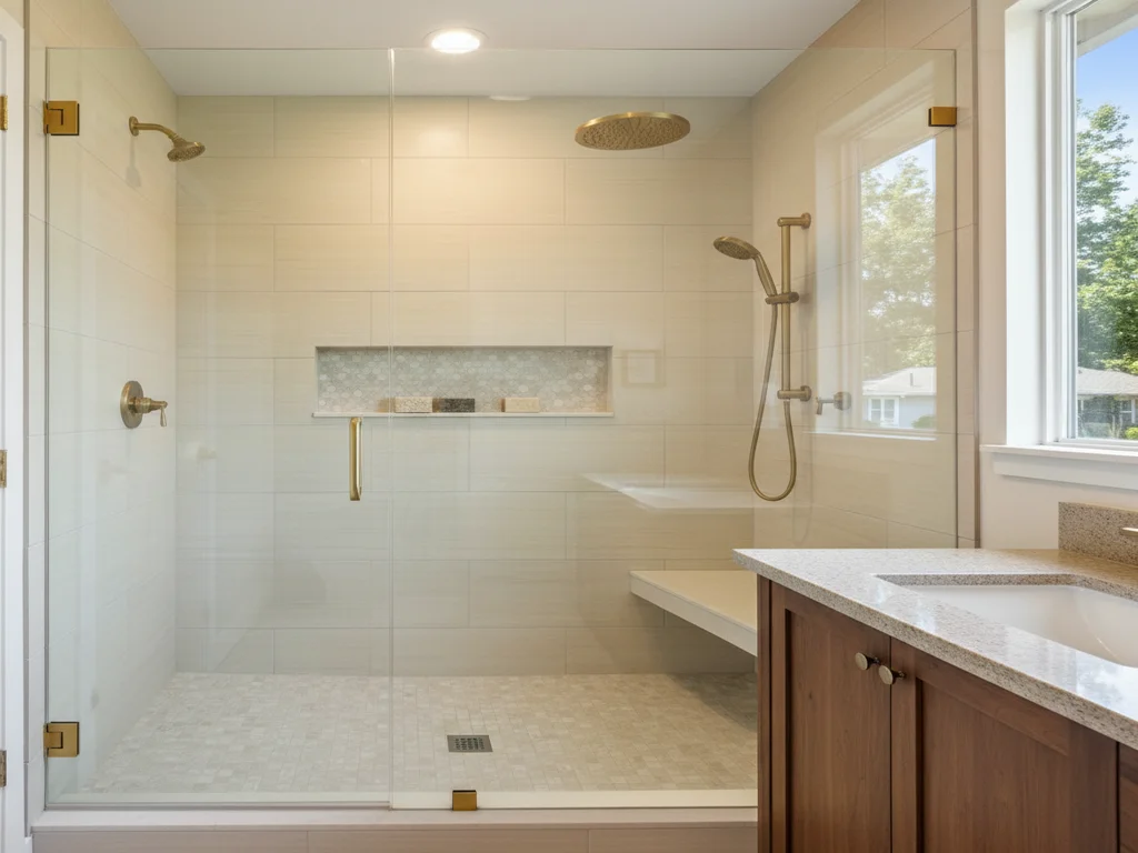 Sacramento walk-in shower remodel with frameless glass enclosure, brushed-gold rainfall fixtures, herringbone niche tile, and large-format porcelain walls.