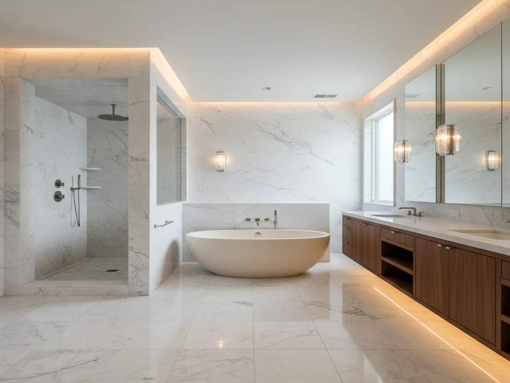 Sierra Oaks estate master bathroom remodel with frameless 3/8 inch glass walk-in shower, book-matched slab marble surround, freestanding soaking tub, premium plumbing fixtures, and natural light through tall windows facing mature oak canopy on a half-acre lot.