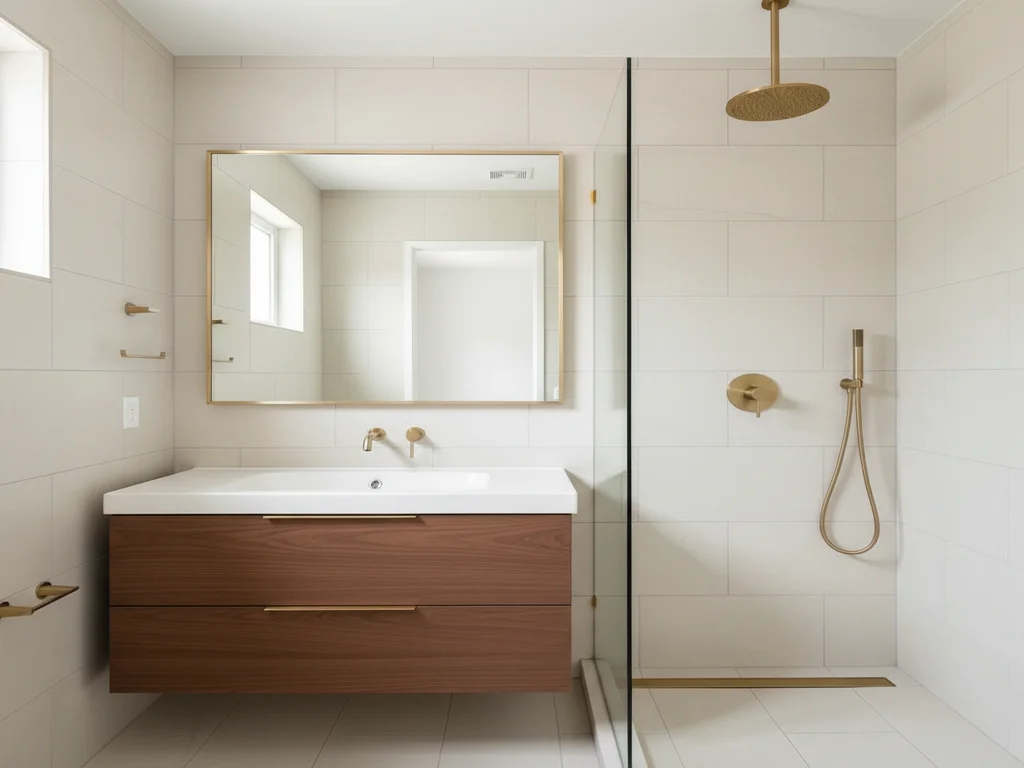 Sacramento small bathroom remodel featuring large-format porcelain tile, custom vanity with brass fixtures, frameless walk-in shower, and statement lighting in a tight footprint.