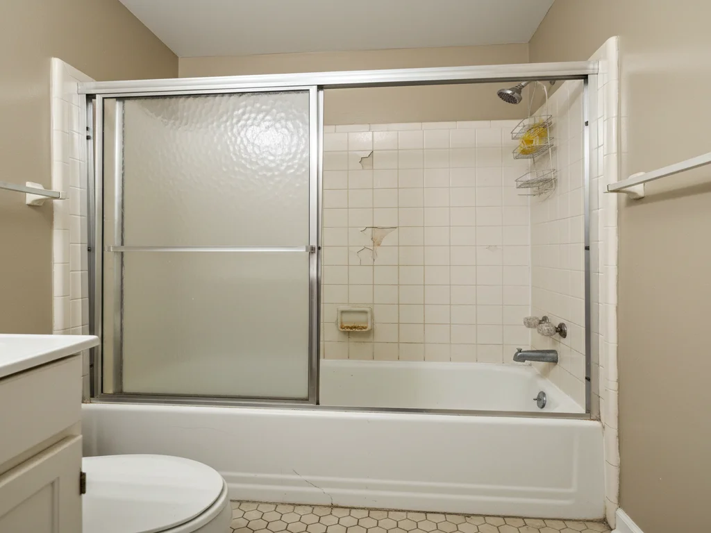 Sacramento tub-to-shower conversion featuring frameless glass walk-in shower in former tub alcove with brushed-gold rainfall fixtures, large-format porcelain tile, and built-in tile niche.