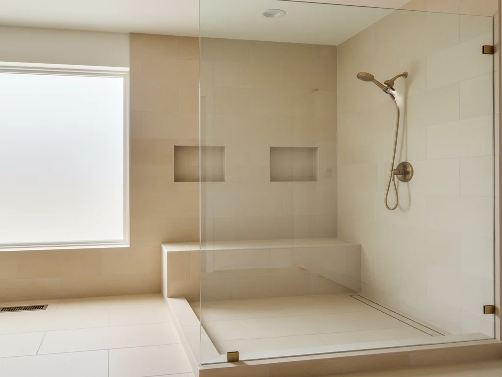 Sacramento walk-in shower with frameless glass enclosure, brushed-gold rainfall fixtures, herringbone tile, and built-in niche.