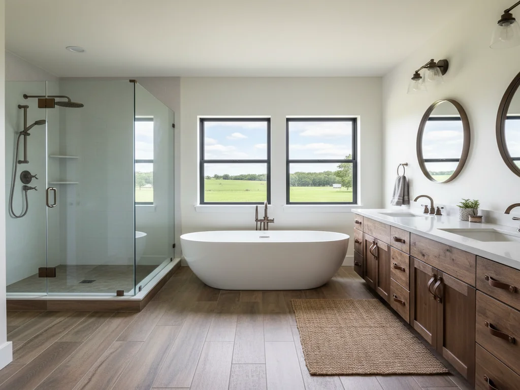 Wilton 1980s rural custom ranch master bathroom remodel with frameless walk-in shower, freestanding tub, brushed-gold fixtures spec\'d for 22 GPG well water, large-format porcelain, and natural light through tall windows facing pasture and oak woodland typical of Dillard Road.